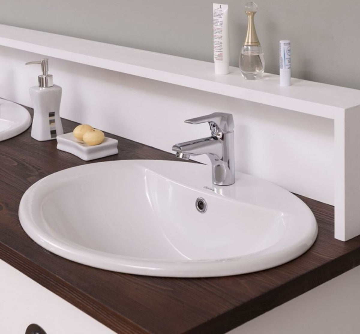 Landhausstil Doppelwaschtisch Weiß / Dunkelbraun 147 x 51 x H. 110 cm - Massivholz Waschbeckenschrank - Badezimmer Möbel im Landhausstil