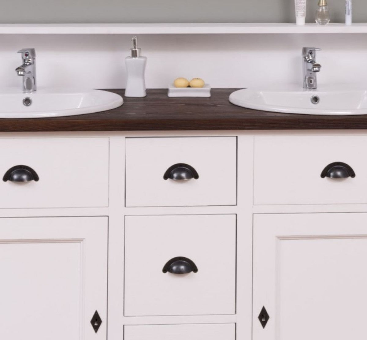 Landhausstil Doppelwaschtisch Weiß / Dunkelbraun 147 x 51 x H. 110 cm - Massivholz Waschbeckenschrank - Badezimmer Möbel im Landhausstil