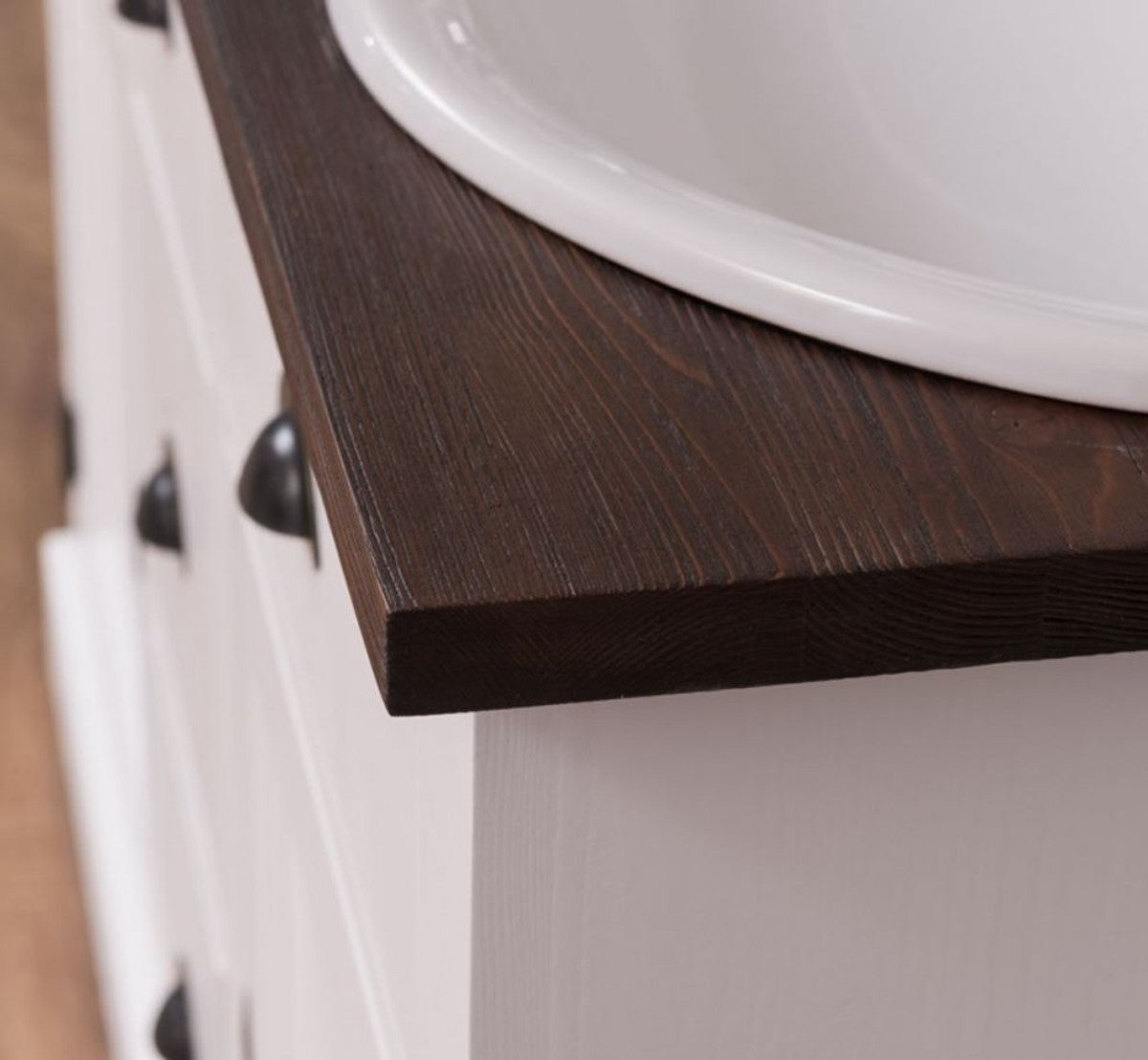 Landhausstil Doppelwaschtisch Weiß / Dunkelbraun 147 x 51 x H. 110 cm - Massivholz Waschbeckenschrank - Badezimmer Möbel im Landhausstil