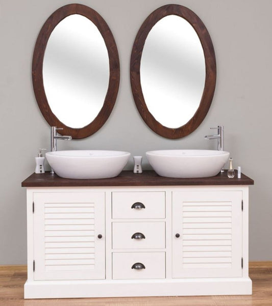Landhausstil Badezimmer Set Weiß / Dunkelbraun - 1 Doppelwaschtisch & 2 Wandspiegel - Massivholz Badezimmermöbel im Landhausstil