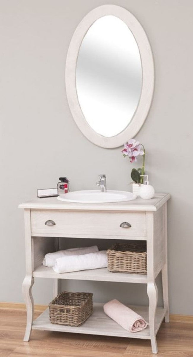 Landhausstil Badezimmer Set Hellgrau - 1 Waschtisch mit Schublade & 1 Wandspiegel - Landhausstil Badezimmer Möbel