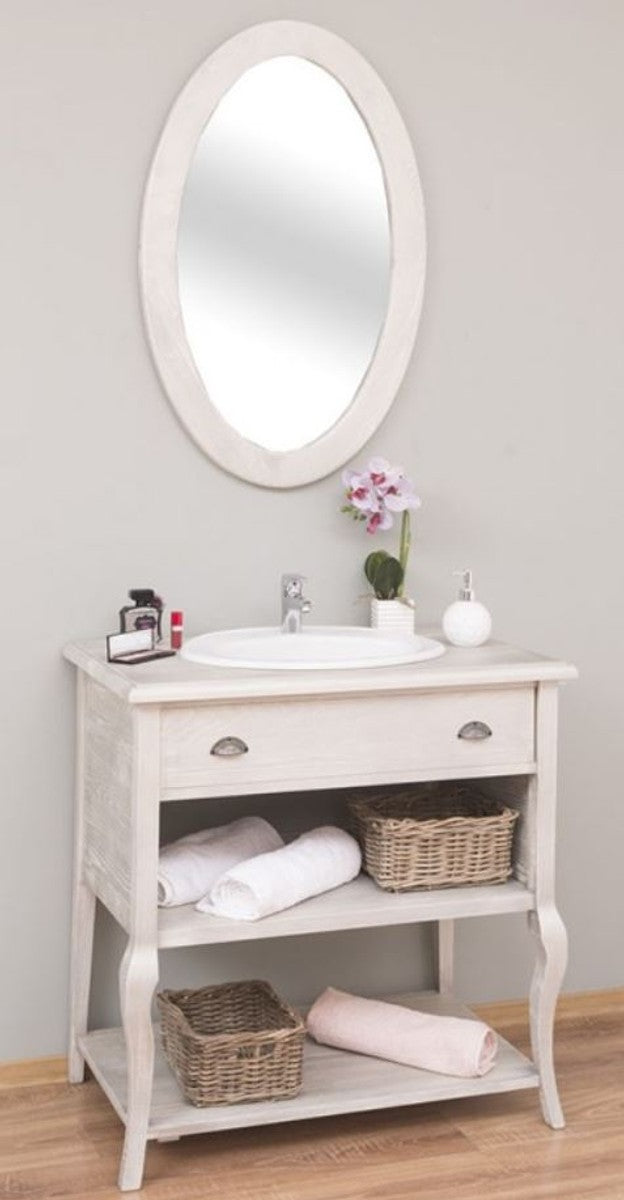 Landhausstil Badezimmer Set Hellgrau - 1 Waschtisch mit Schublade & 1 Wandspiegel - Landhausstil Badezimmer Möbel