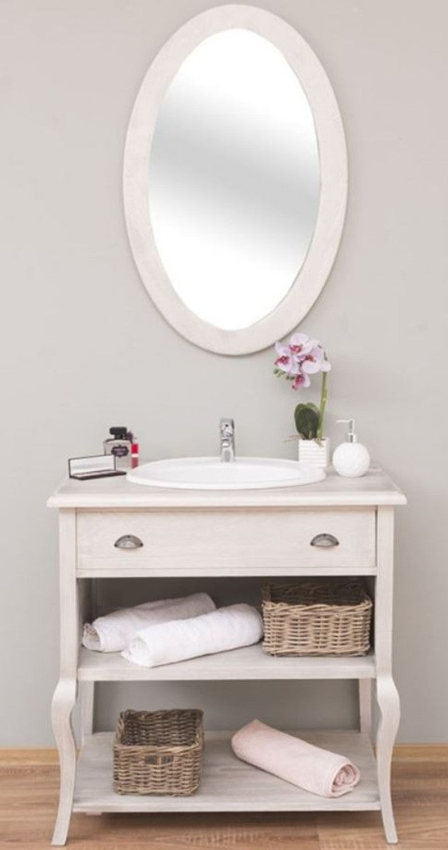 Landhausstil Badezimmer Set Hellgrau - 1 Waschtisch mit Schublade & 1 Wandspiegel - Landhausstil Badezimmer Möbel