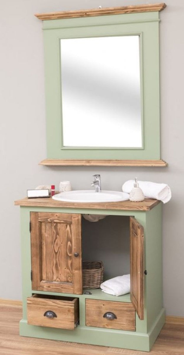 Landhausstil Badezimmer Set Hellgrün / Braun - 1 Waschtisch & 1 Wandspiegel - Massivholz Badezimmer Möbel im Landhausstil