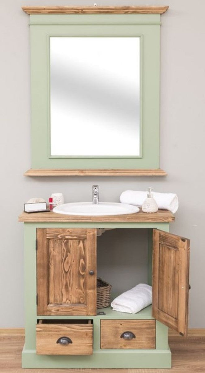 Landhausstil Badezimmer Set Hellgrün / Braun - 1 Waschtisch & 1 Wandspiegel - Massivholz Badezimmer Möbel im Landhausstil