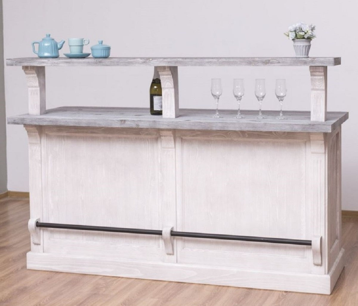 Landhausstil Bar Theke Hellgrau / Grau 180 x 68 x H. 120 cm - Massivholz Thekentisch - Massivholz Barmöbel - Barmöbel im Landhausstil - Landhausstil Einrichtung