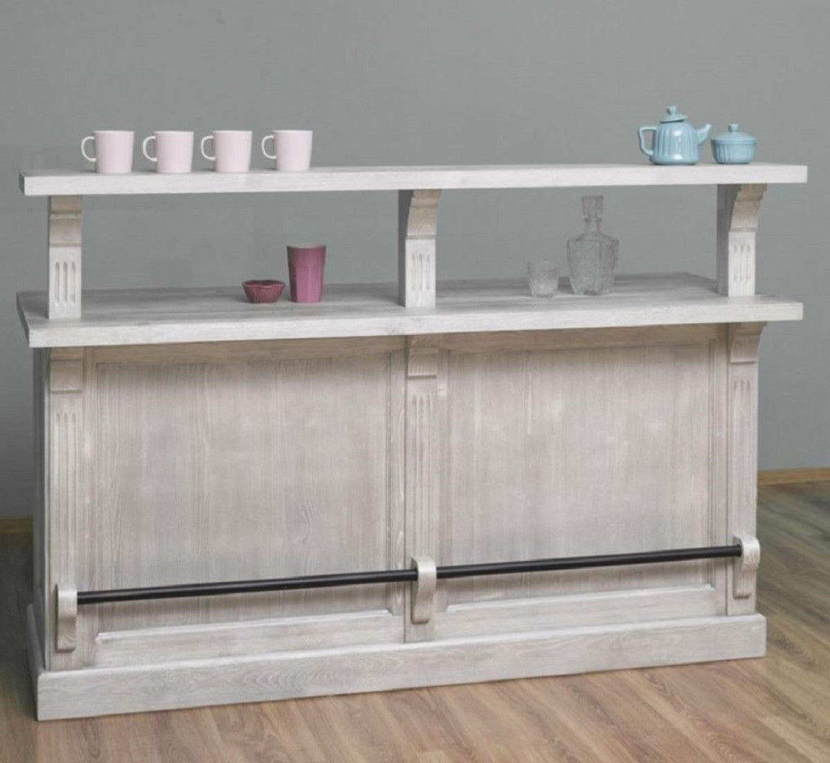 Landhausstil Bar Theke Grau 180 x 68 x H. 120 cm - Massivholz Thekentisch - Massivholz Barmöbel - Barmöbel im Landhausstil - Landhausstil Einrichtung