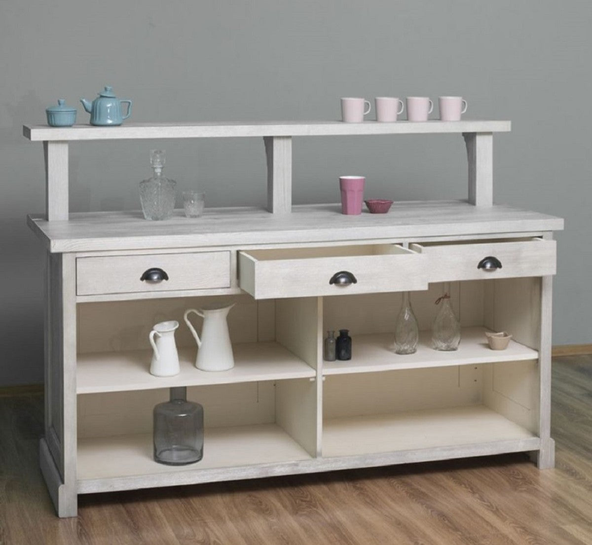 Landhausstil Bar Theke Grau 180 x 68 x H. 120 cm - Massivholz Thekentisch - Massivholz Barmöbel - Barmöbel im Landhausstil - Landhausstil Einrichtung