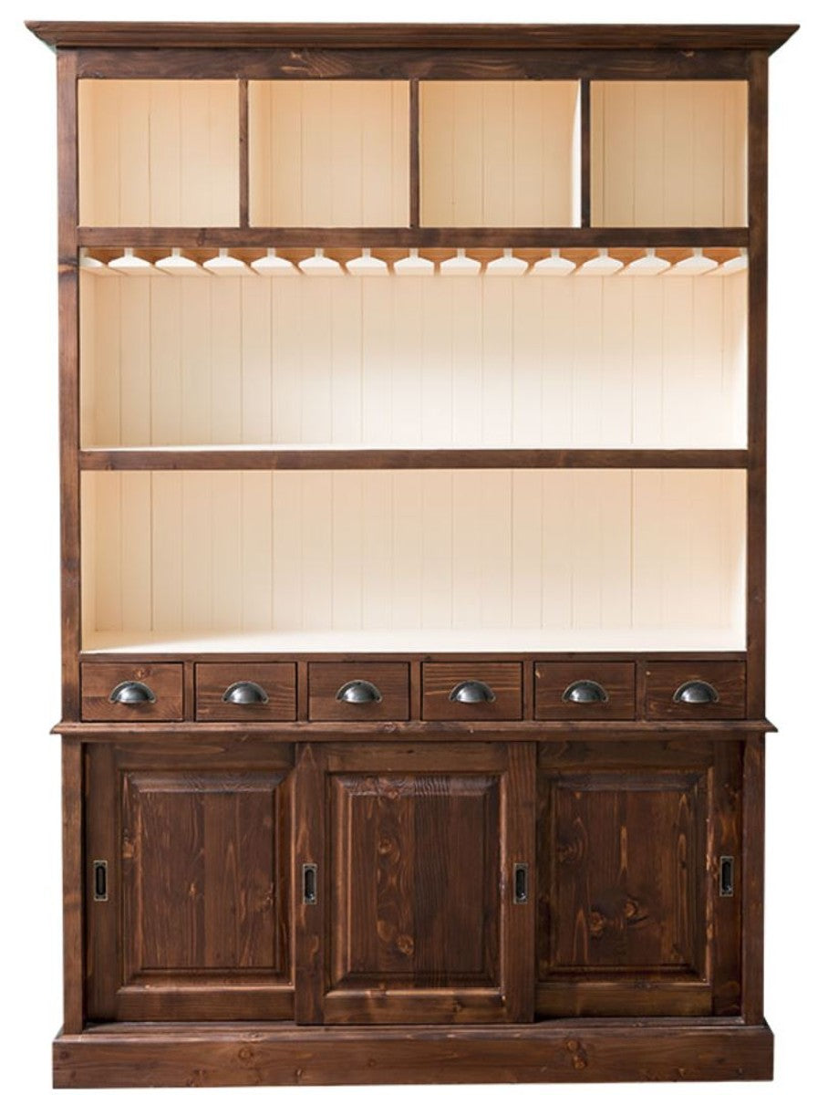 Landhausstil Barschrank Braun / Weiß 150 x 35 x H. 210 cm - Massivholz Schrank - Landhausstil Bar Möbel
