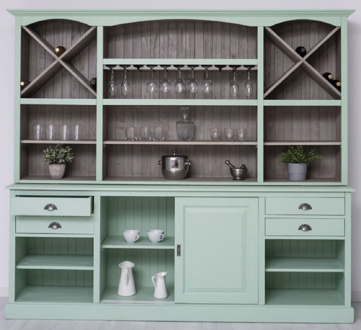 Landhausstil Barschrank Mintgrün / Grau 240 x 50 x H. 210 cm - Massivholz Weinschrank im Landhausstil - Landhausstil Möbel - Bar Möbel im Landhausstil - Landhausstil Einrichtung