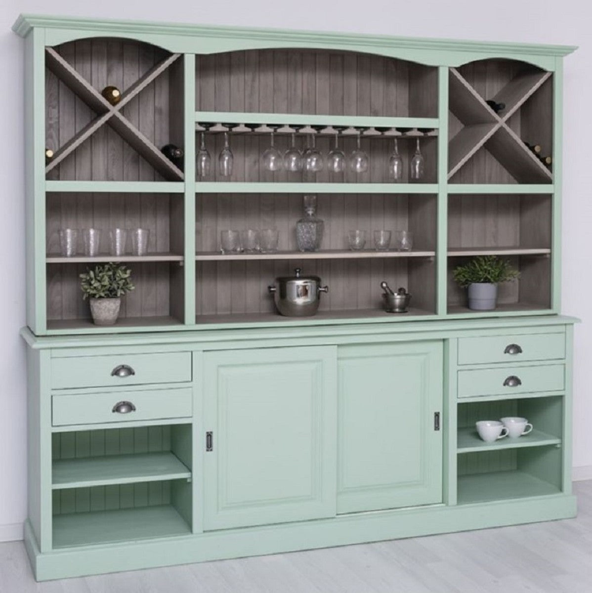 Landhausstil Barschrank Mintgrün / Grau 240 x 50 x H. 210 cm - Massivholz Weinschrank im Landhausstil - Landhausstil Möbel - Bar Möbel im Landhausstil - Landhausstil Einrichtung