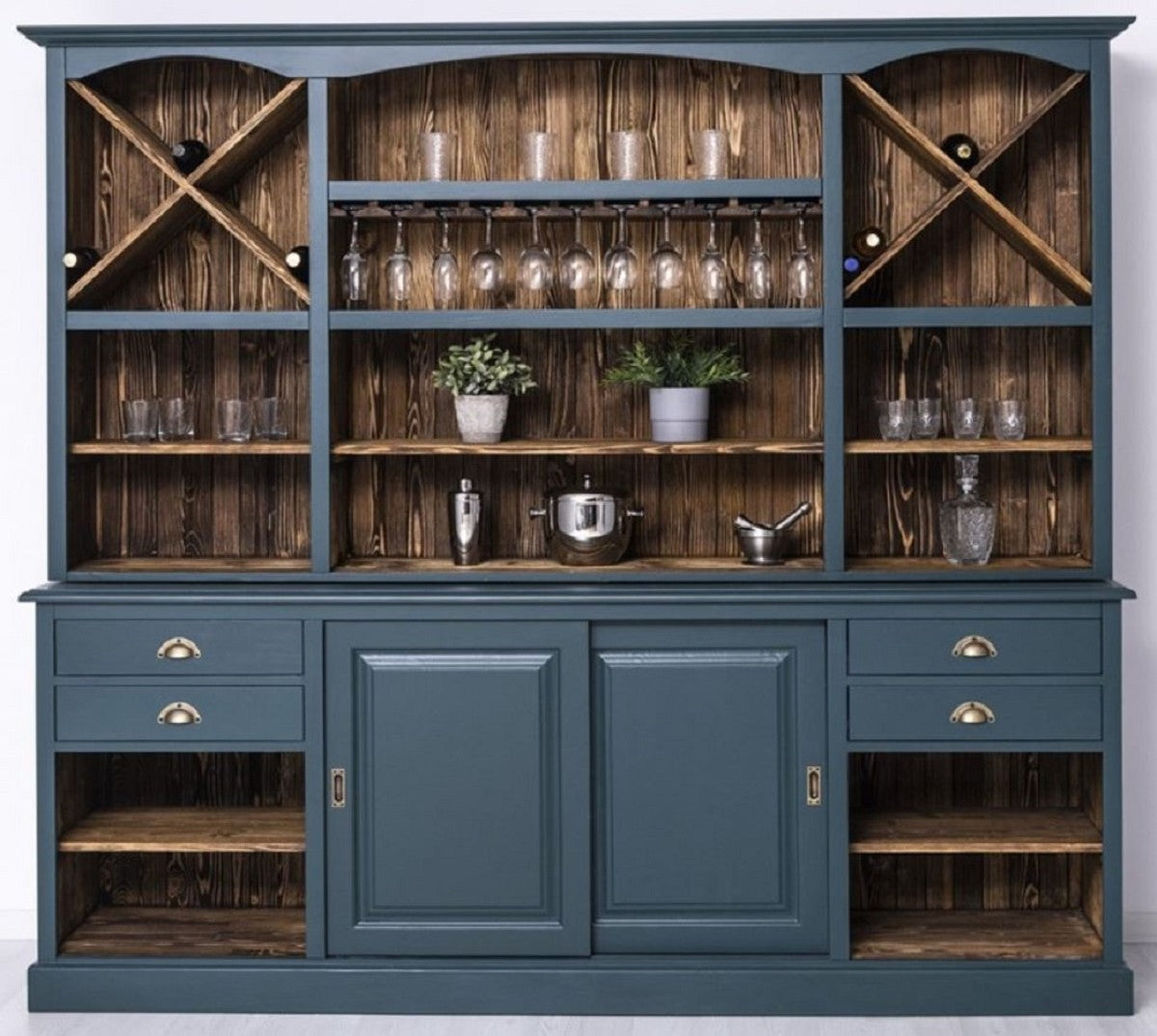 Landhausstil Barschrank Blau / Dunkelbraun 240 x 50 x H. 210 cm - Massivholz Weinschrank im Landhausstil - Landhausstil Möbel - Bar Möbel im Landhausstil - Landhausstil Einrichtung