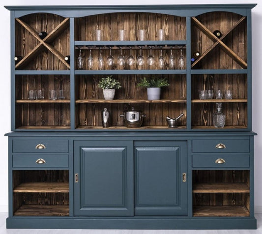 Landhausstil Barschrank Blau / Dunkelbraun 240 x 50 x H. 210 cm - Massivholz Weinschrank im Landhausstil - Landhausstil Möbel - Bar Möbel im Landhausstil - Landhausstil Einrichtung