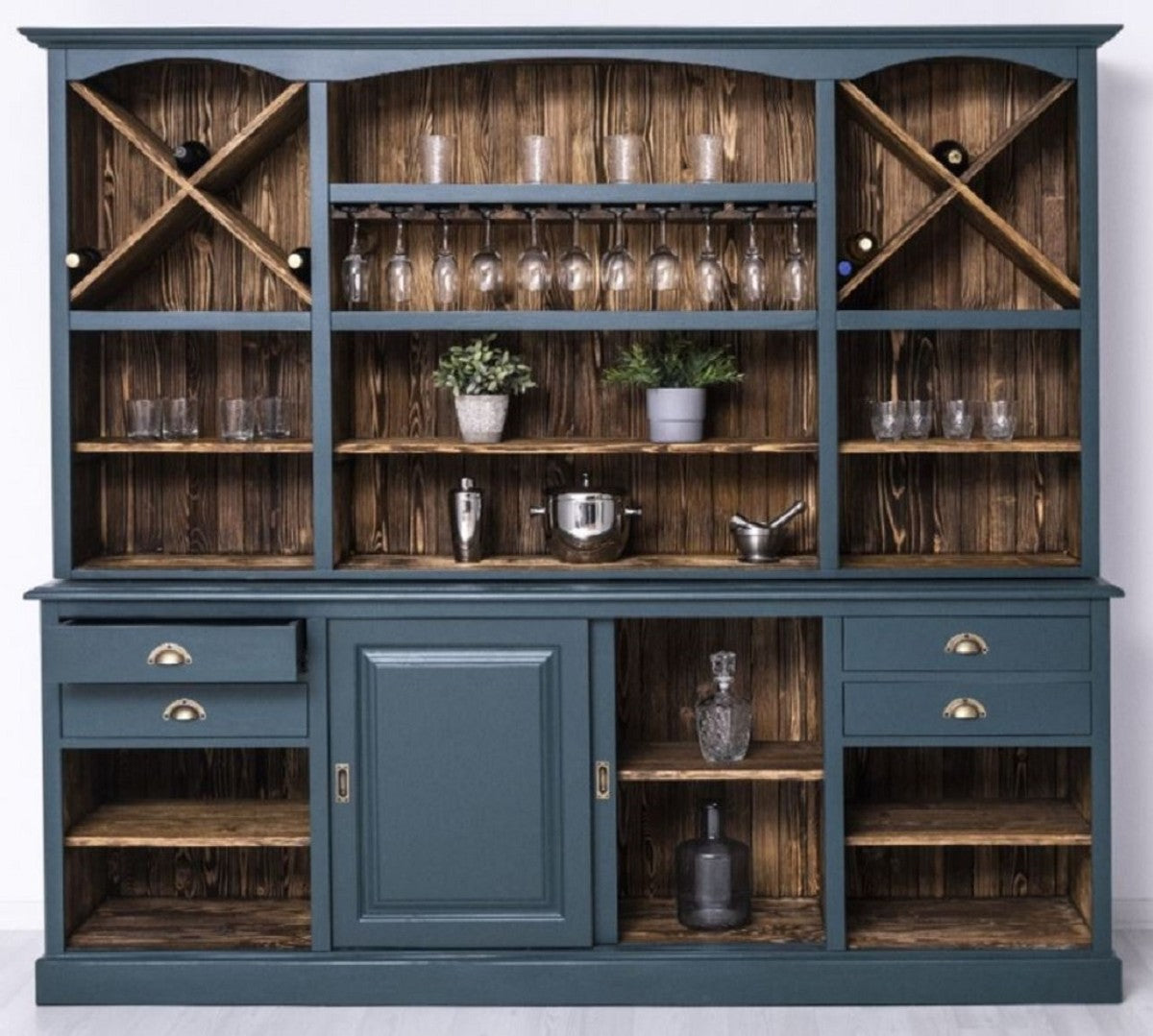 Landhausstil Barschrank Blau / Dunkelbraun 240 x 50 x H. 210 cm - Massivholz Weinschrank im Landhausstil - Landhausstil Möbel - Bar Möbel im Landhausstil - Landhausstil Einrichtung