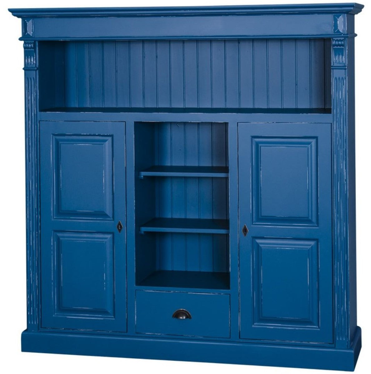 Landhausstil Bücherschrank Antik Blau 60 x 36 x H. 100 cm - Massivholz Schrank mit 2 Türen und Schublade - Wohnzimmerschrank - Landhausstil Möbel
