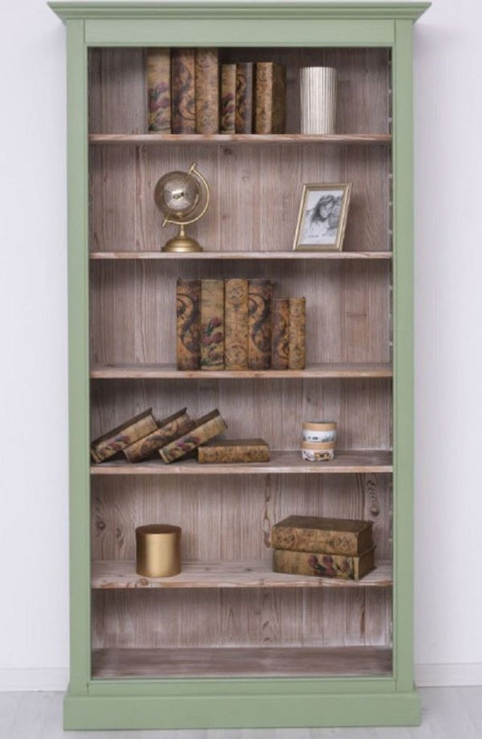 Landhausstil Bücherschrank Grün / Naturfarben 110 x 39 x H. 210 cm - Massivholz Schrank - Regalschrank - Wohnzimmerschrank - Büroschrank - Landhausstil Möbel