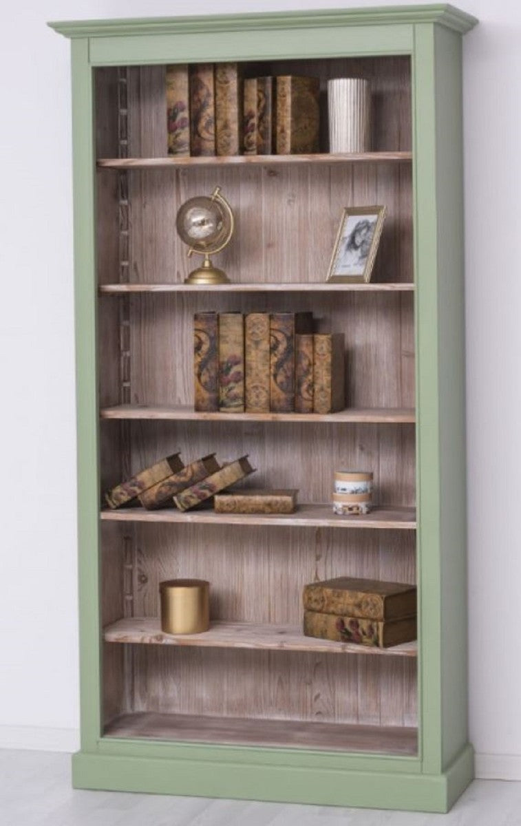 Landhausstil Bücherschrank Grün / Naturfarben 110 x 39 x H. 210 cm - Massivholz Schrank - Regalschrank - Wohnzimmerschrank - Büroschrank - Landhausstil Möbel