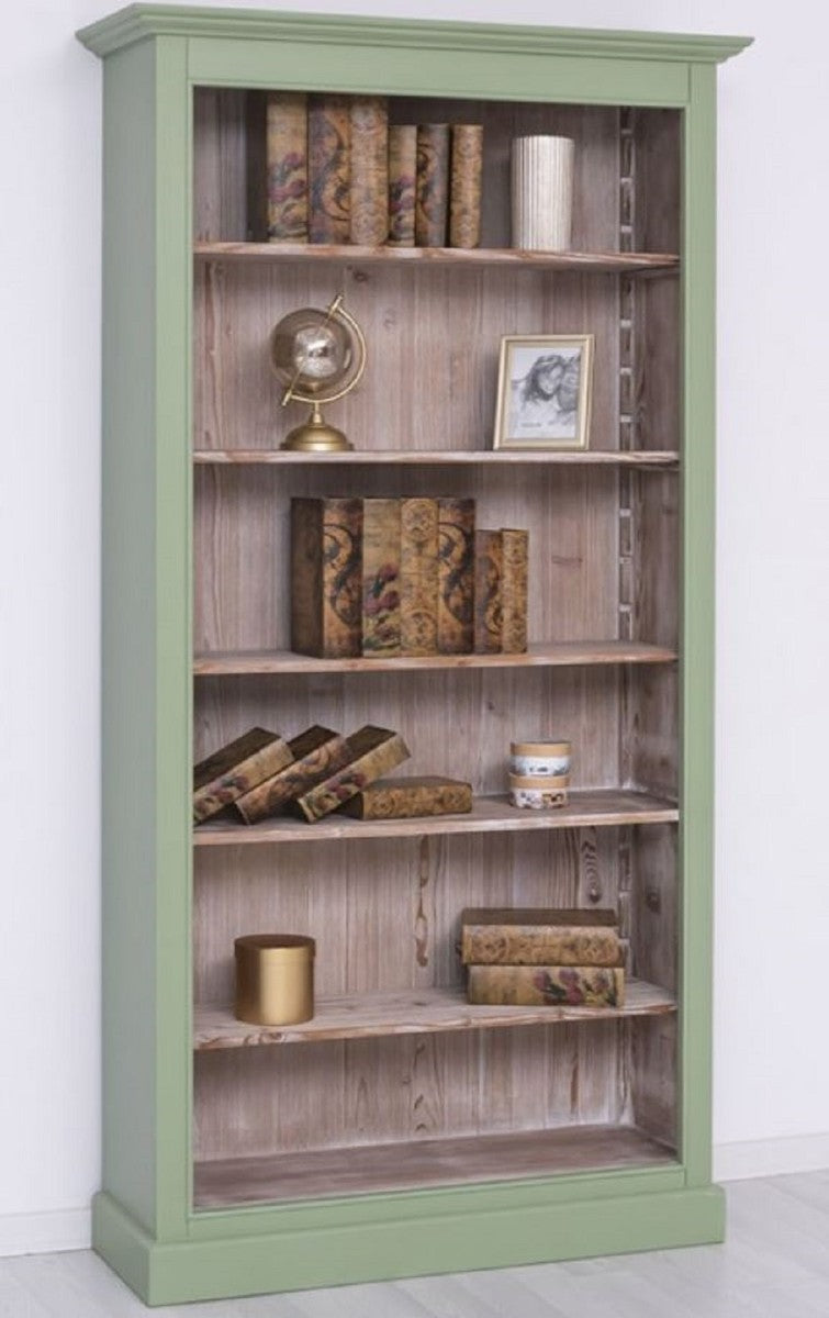 Landhausstil Bücherschrank Grün / Naturfarben 110 x 39 x H. 210 cm - Massivholz Schrank - Regalschrank - Wohnzimmerschrank - Büroschrank - Landhausstil Möbel