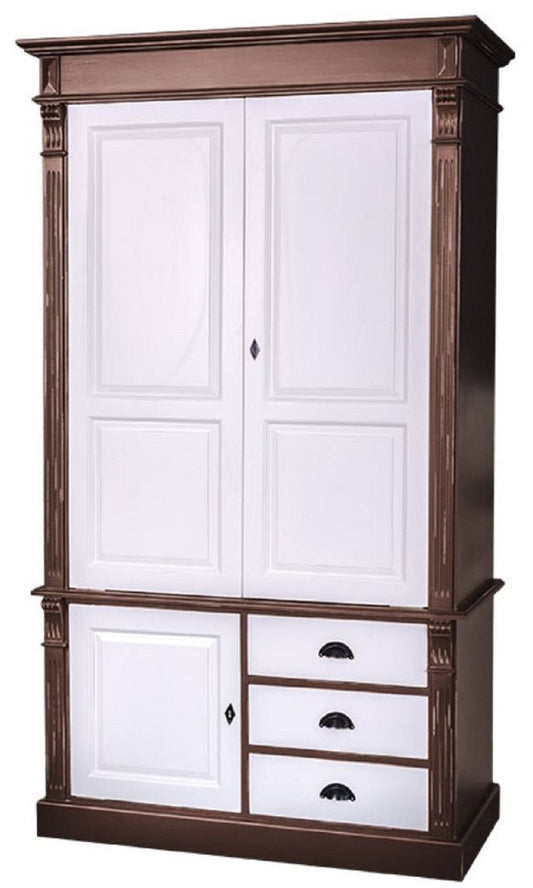 Landhausstil Kleiderschrank Antik Braun / Weiß 120 x 59 x H. 210 cm - Massivholz Schlafzimmerschrank mit 3 Türen und 3 Schubladen - Landhausstil Schlafzimmermöbel