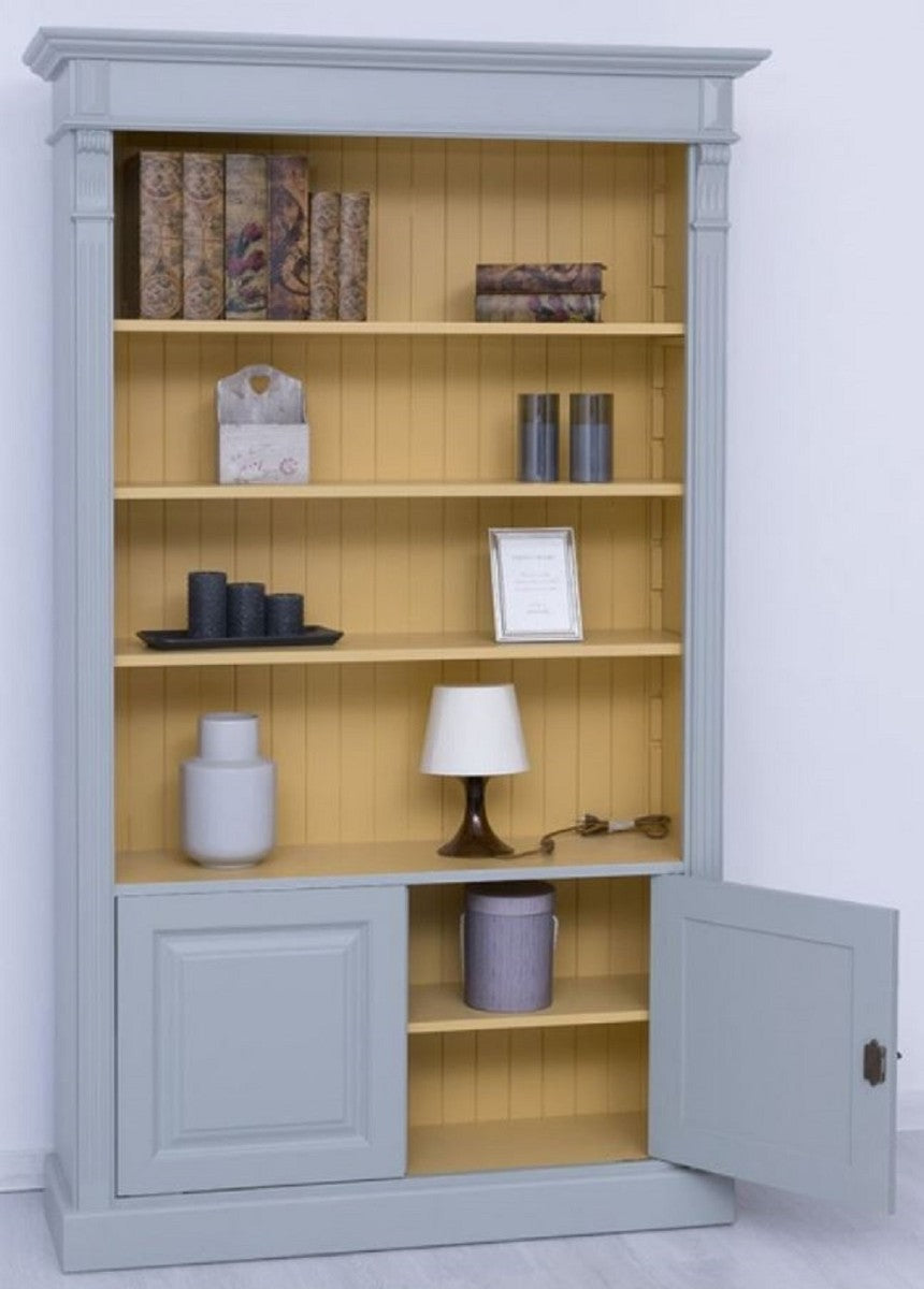 Landhausstil Bücherschrank Grau / Gelb 120 x 39 x H. 197 cm - Massivholz Schrank - Wohnzimmerschrank - Büroschrank - Landhausstil Möbel