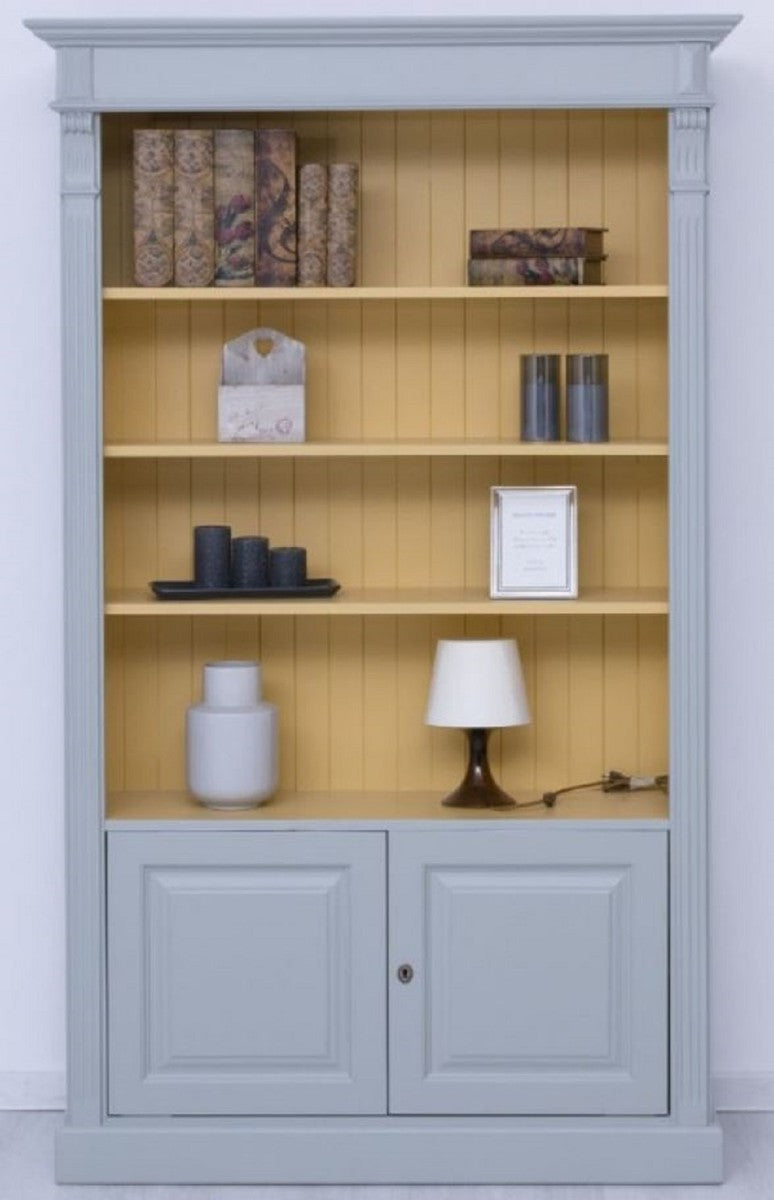 Landhausstil Bücherschrank Grau / Gelb 120 x 39 x H. 197 cm - Massivholz Schrank - Wohnzimmerschrank - Büroschrank - Landhausstil Möbel