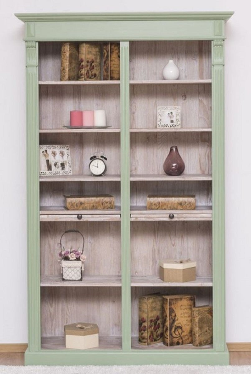 Landhausstil Bücherschrank Grün / Naturfarben 120 x 37 x H. 197 cm - Massivholz Schrank - Regalschrank - Wohnzimmerschrank - Landhausstil Möbel