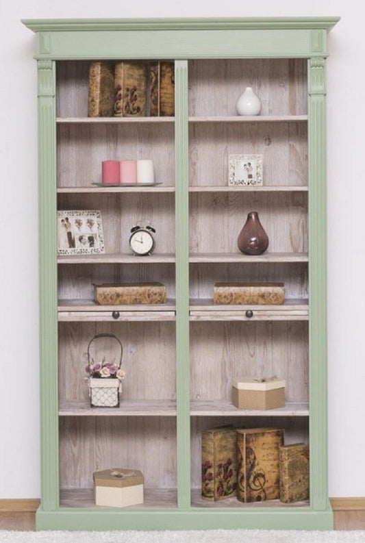 Landhausstil Bücherschrank Grün / Naturfarben 120 x 37 x H. 197 cm - Massivholz Schrank - Regalschrank - Wohnzimmerschrank - Landhausstil Möbel