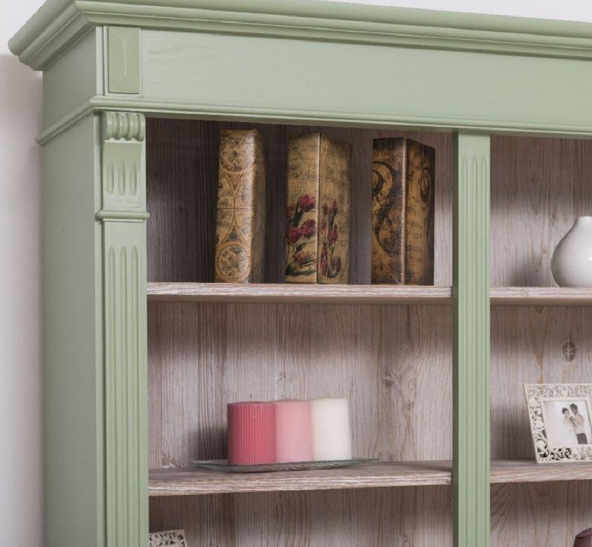 Landhausstil Bücherschrank Grün / Naturfarben 120 x 37 x H. 197 cm - Massivholz Schrank - Regalschrank - Wohnzimmerschrank - Landhausstil Möbel