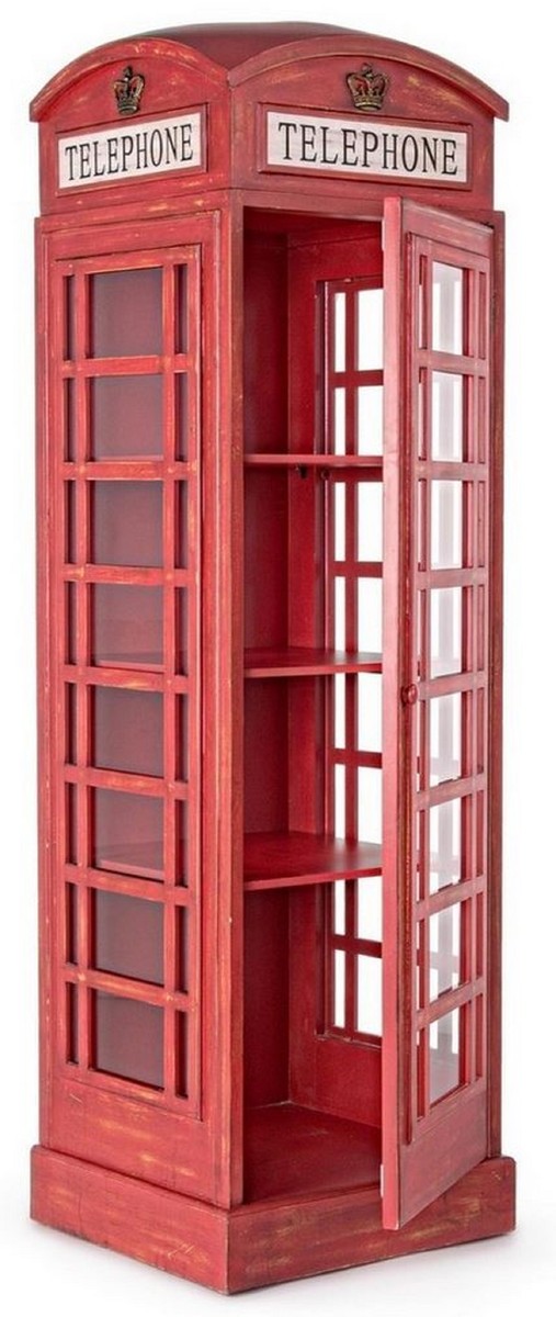Landhausstil Bücherschrank Telefonzelle Antik Rot 55 x 51,5 x H. 180 cm - Telefonzellen Regalschrank im englischen Stil - Wohnzimmer Möbel im Landhausstil - Landhausstil Möbel