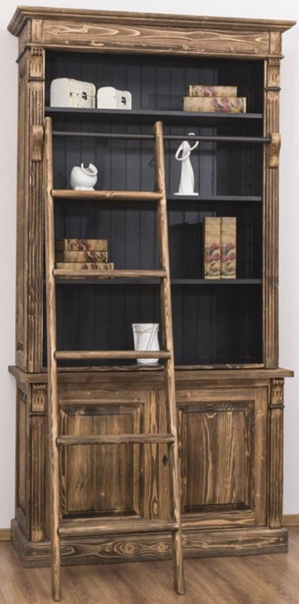 Landhausstil Bücherschrank mit Leiter Braun / Schwarz 120 x 51 x H. 228 cm - Massivholz Schrank - Regalschrank - Wohnzimmerschrank - Büroschrank - Landhausstil Möbel