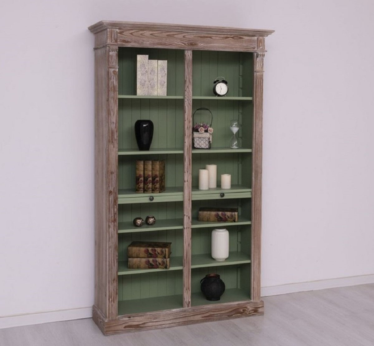 Landhausstil Bücherschrank Braun / Grün 120 x 37 x H. 197 cm - Massivholz Schrank - Regalschrank - Wohnzimmerschrank - Landhausstil Möbel