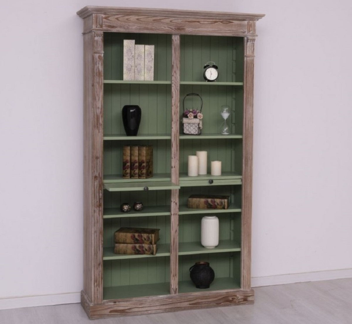 Landhausstil Bücherschrank Braun / Grün 120 x 37 x H. 197 cm - Massivholz Schrank - Regalschrank - Wohnzimmerschrank - Landhausstil Möbel