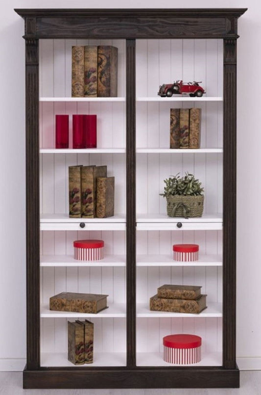 Landhausstil Bücherschrank Schwarz / Weiß 120 x 37 x H. 197 cm - Massivholz Schrank - Regalschrank - Wohnzimmerschrank - Landhausstil Möbel