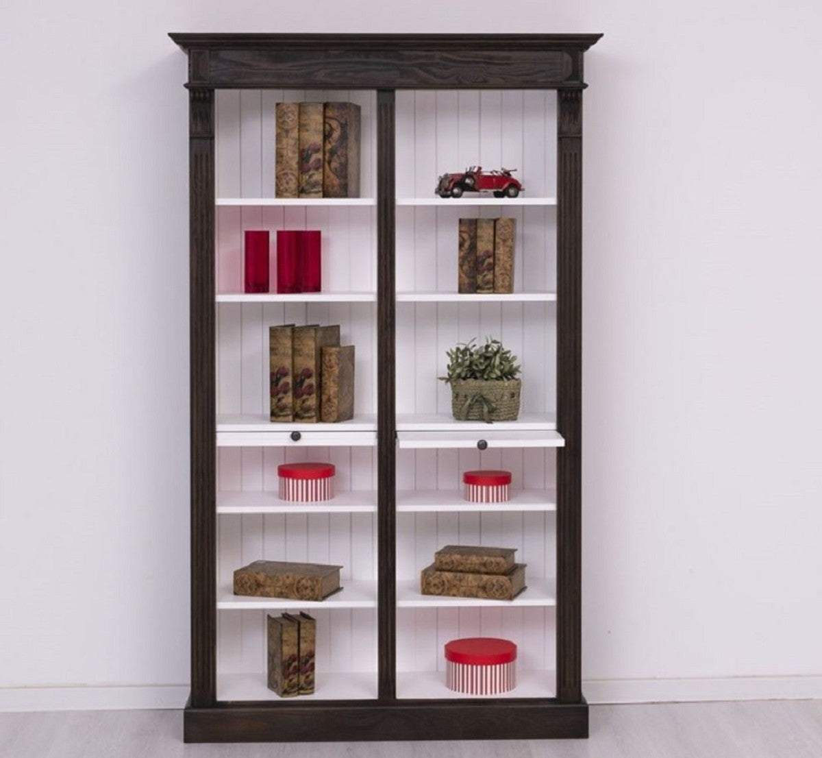 Landhausstil Bücherschrank Schwarz / Weiß 120 x 37 x H. 197 cm - Massivholz Schrank - Regalschrank - Wohnzimmerschrank - Landhausstil Möbel