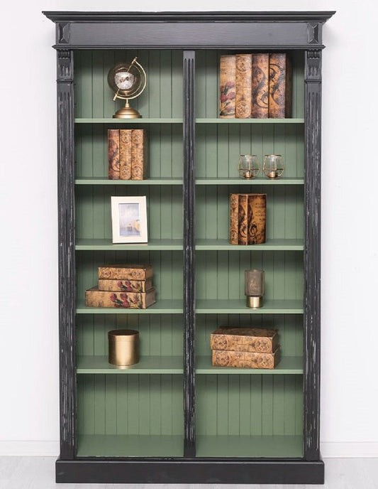 Landhausstil Bücherschrank Antik Schwarz / Grün 120 x 39 x H. 197 cm - Massivholz Schrank - Regalschrank - Wohnzimmerschrank - Büroschrank - Landhausstil Möbel
