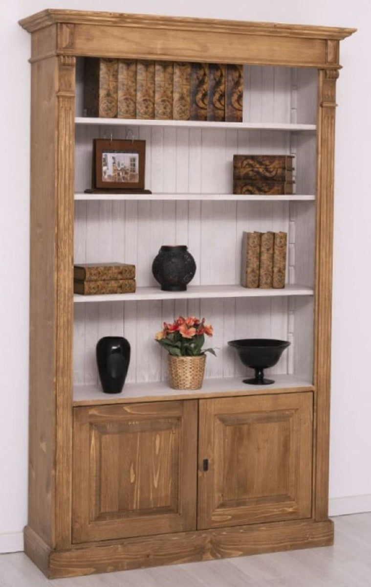 Landhausstil Bücherschrank Braun / Grau 120 x 39 x H. 197 cm - Massivholz Schrank - Wohnzimmerschrank - Büroschrank - Landhausstil Möbel