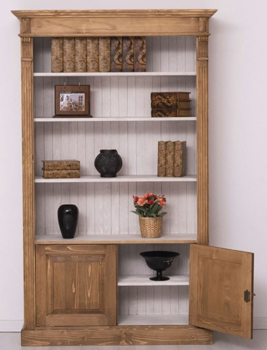 Landhausstil Bücherschrank Braun / Grau 120 x 39 x H. 197 cm - Massivholz Schrank - Wohnzimmerschrank - Büroschrank - Landhausstil Möbel