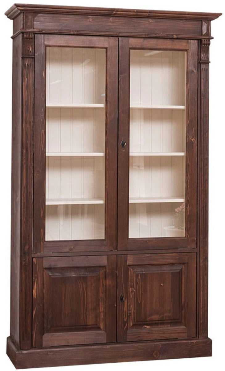 Landhausstil Bücherschrank Dunkelbraun / Creme 119 x 39 x H. 197 cm - Wohnzimmerschrank mit 4 Türen - Massivholz Schrank - Vitrinenschrank - Landhausstil Wohnzimmermöbel