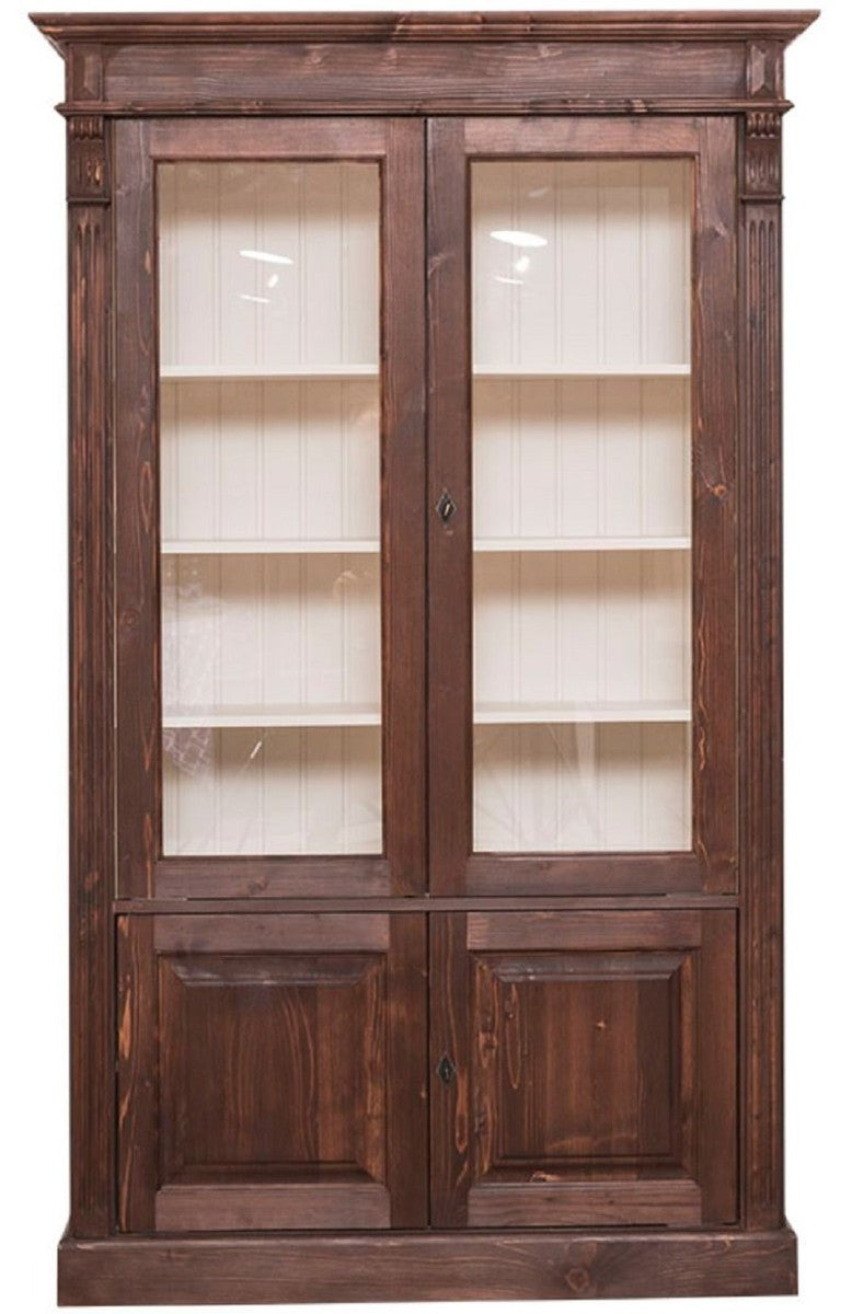 Landhausstil Bücherschrank Dunkelbraun / Creme 119 x 39 x H. 197 cm - Wohnzimmerschrank mit 4 Türen - Massivholz Schrank - Vitrinenschrank - Landhausstil Wohnzimmermöbel