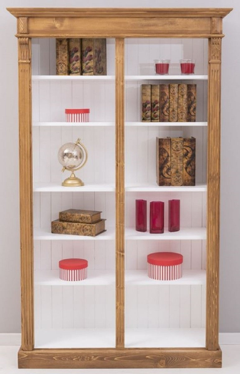 Landhausstil Bücherschrank Braun / Weiß 120 x 39 x H. 197 cm - Massivholz Schrank - Regalschrank - Wohnzimmerschrank - Büroschrank - Landhausstil Möbel
