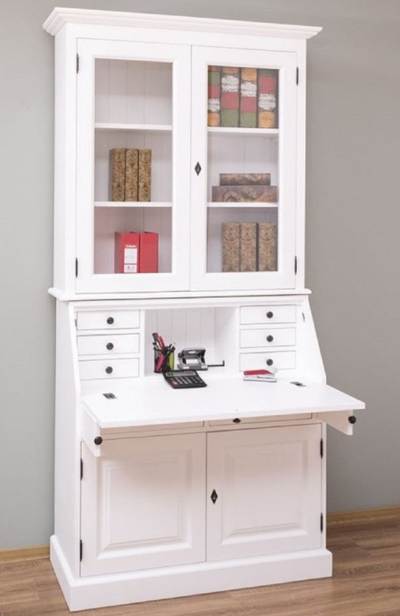 Landhausstil Büroschrank Weiß 110 x 49 x H. 219 cm - Massivholz Schrank - Bücherschrank - Regalschrank - Wohnzimmerschrank - Landhausstil Möbel