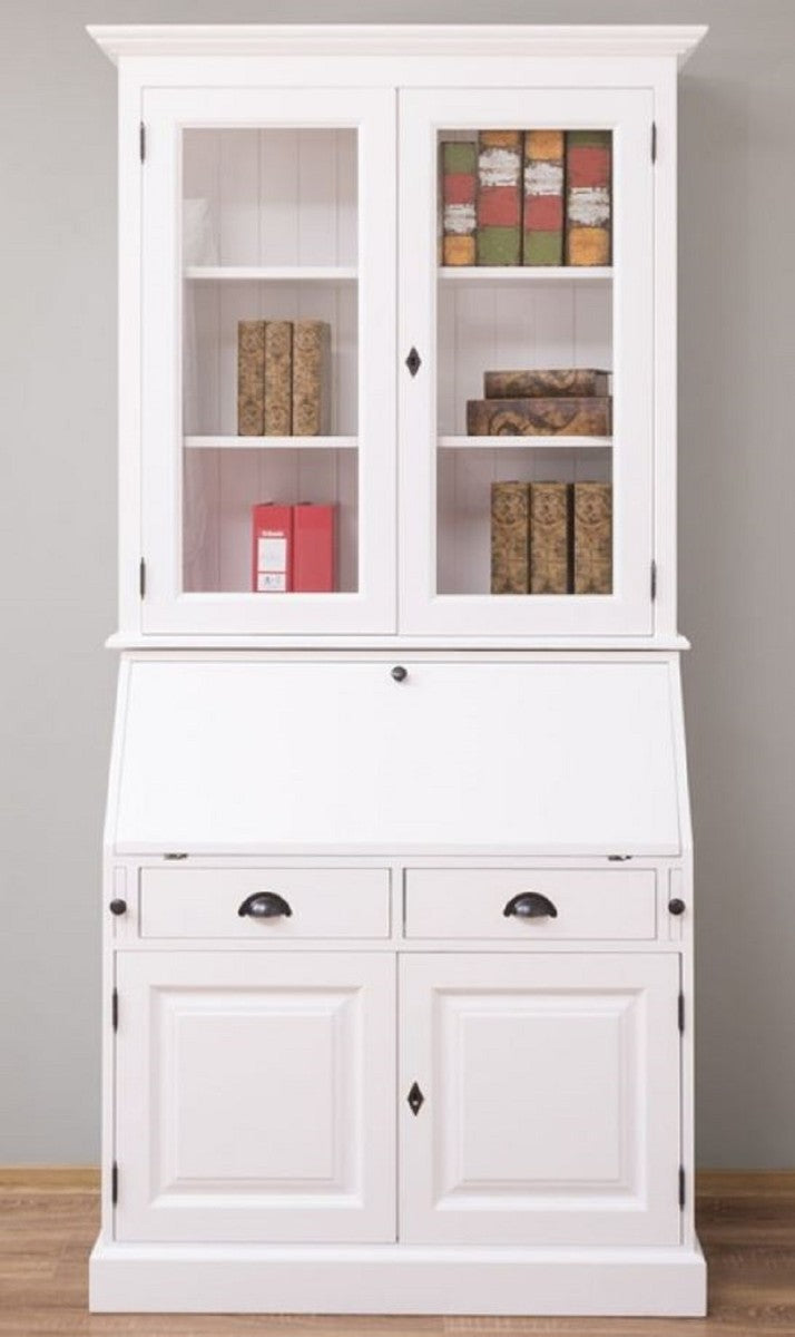 Landhausstil Büroschrank Weiß 110 x 49 x H. 219 cm - Massivholz Schrank - Bücherschrank - Regalschrank - Wohnzimmerschrank - Landhausstil Möbel