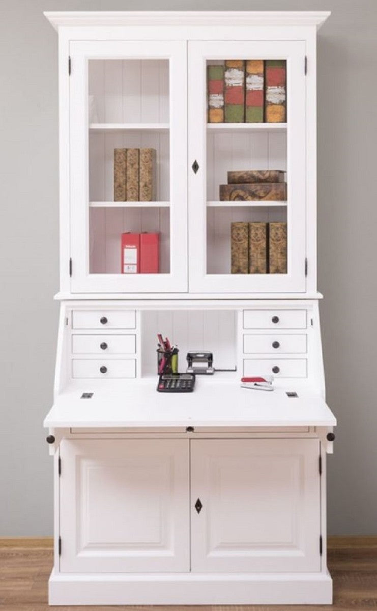 Landhausstil Büroschrank Weiß 110 x 49 x H. 219 cm - Massivholz Schrank - Bücherschrank - Regalschrank - Wohnzimmerschrank - Landhausstil Möbel