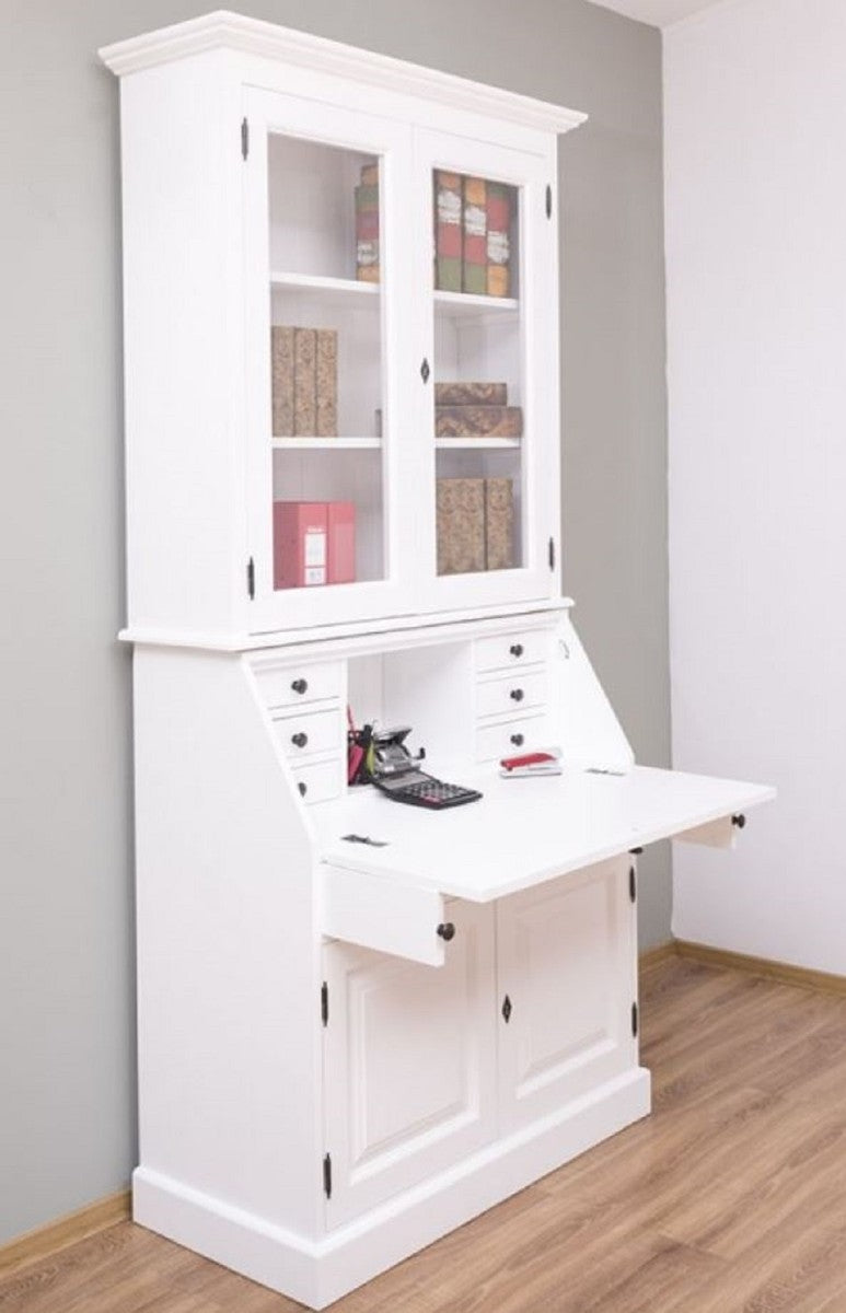Landhausstil Büroschrank Weiß 110 x 49 x H. 219 cm - Massivholz Schrank - Bücherschrank - Regalschrank - Wohnzimmerschrank - Landhausstil Möbel