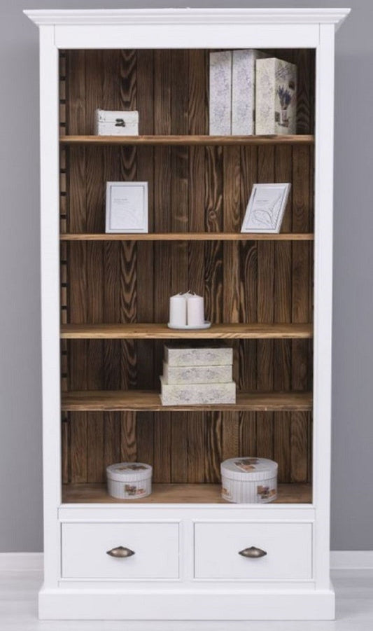 Landhausstil Bücherschrank Weiß / Braun 109 x 39 x H. 210 cm - Massivholz Schrank - Regalschrank - Wohnzimmerschrank - Büroschrank - Landhausstil Möbel