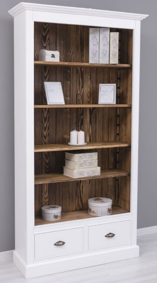 Landhausstil Bücherschrank Weiß / Braun 109 x 39 x H. 210 cm - Massivholz Schrank - Regalschrank - Wohnzimmerschrank - Büroschrank - Landhausstil Möbel