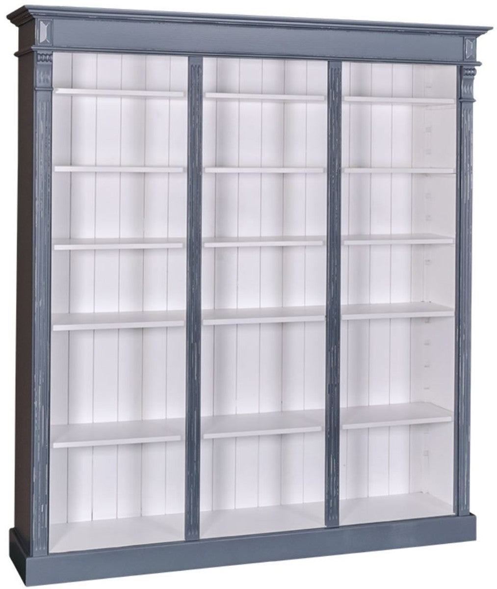 Landhausstil Bücherschrank Antik Blau / Weiß 180 x 39 x H. 197 cm - Massivholz Schrank - Regalschrank - Wohnzimmerschrank - Landhausstil Möbel