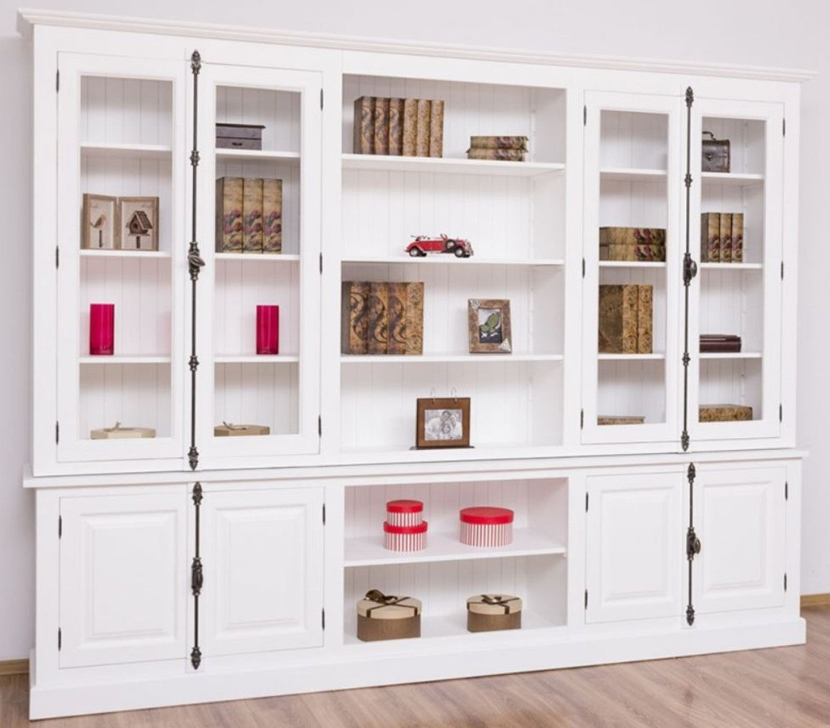 Landhausstil Bücherschrank Weiß 300 x 50 x H. 230 cm - Massivholz Schrank - Wohnzimmerschrank - Büroschrank - Landhausstil Möbel