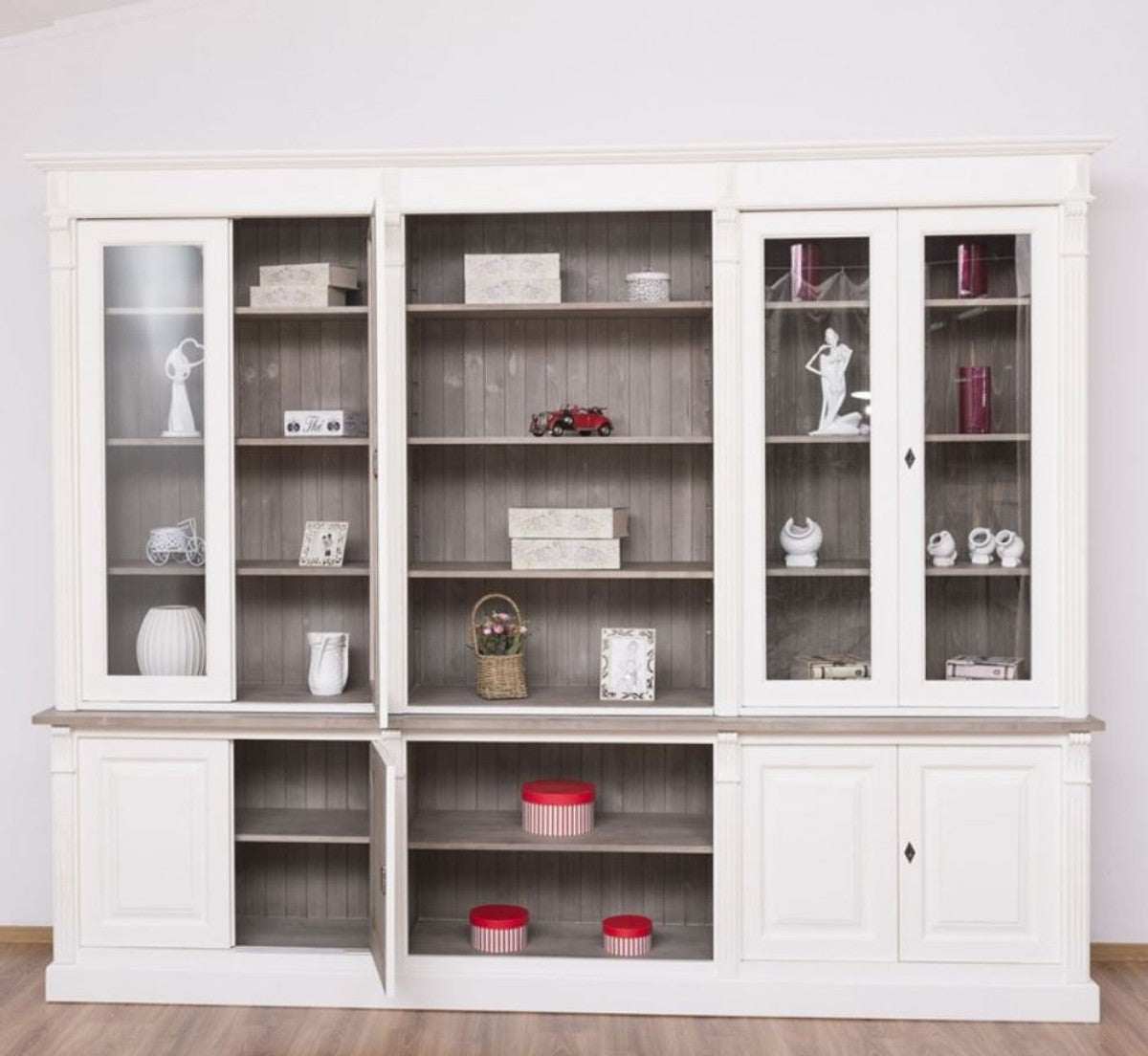 Landhausstil Bücherschrank Weiß / Braungrau 286 x 51 x H. 228 cm - Massivholz Schrank - Wohnzimmerschrank - Büroschrank - Landhausstil Möbel