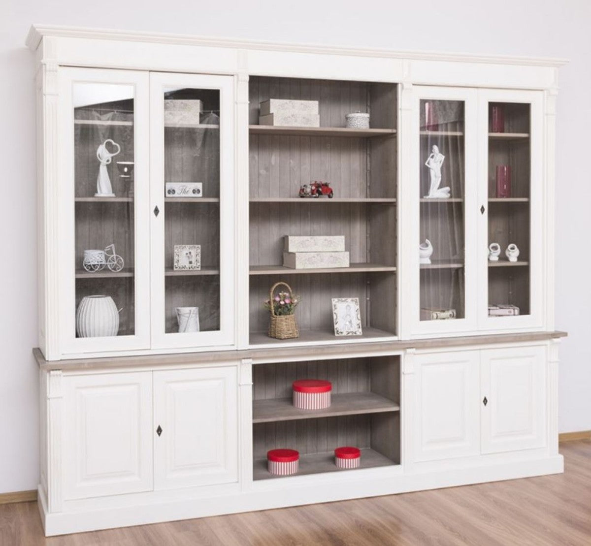Landhausstil Bücherschrank Weiß / Braungrau 286 x 51 x H. 228 cm - Massivholz Schrank - Wohnzimmerschrank - Büroschrank - Landhausstil Möbel